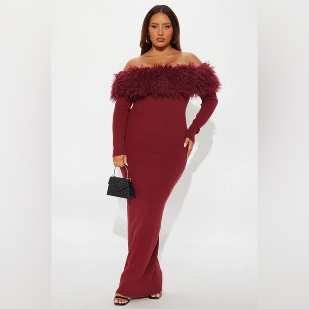 Fashion Nova Burgundy Feathered Long Sleeve Dress